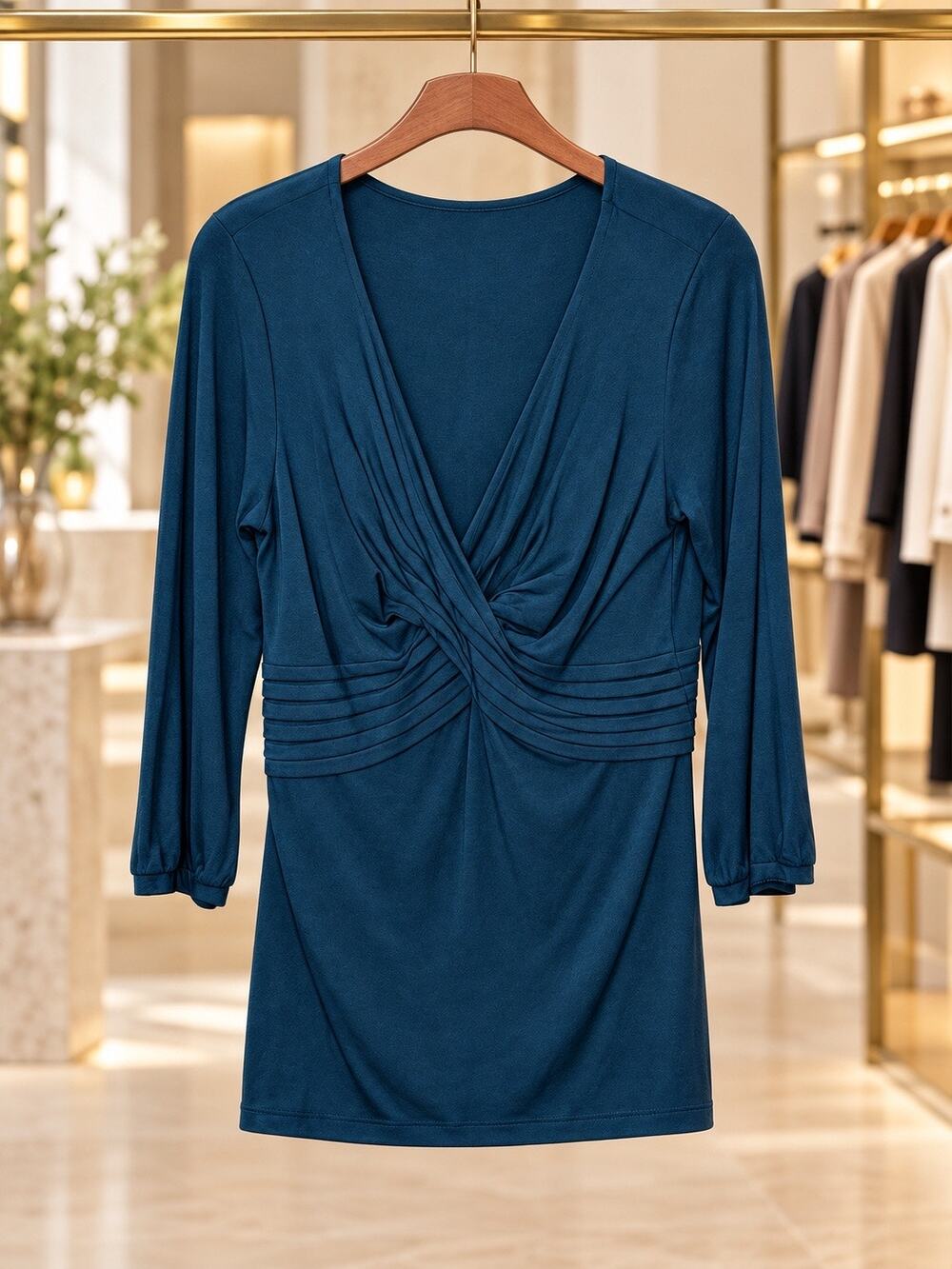 Halogen Mermaid Teal Blue Green Criss Cross V Neck 3/4 Sleeve Stretch Top NWT